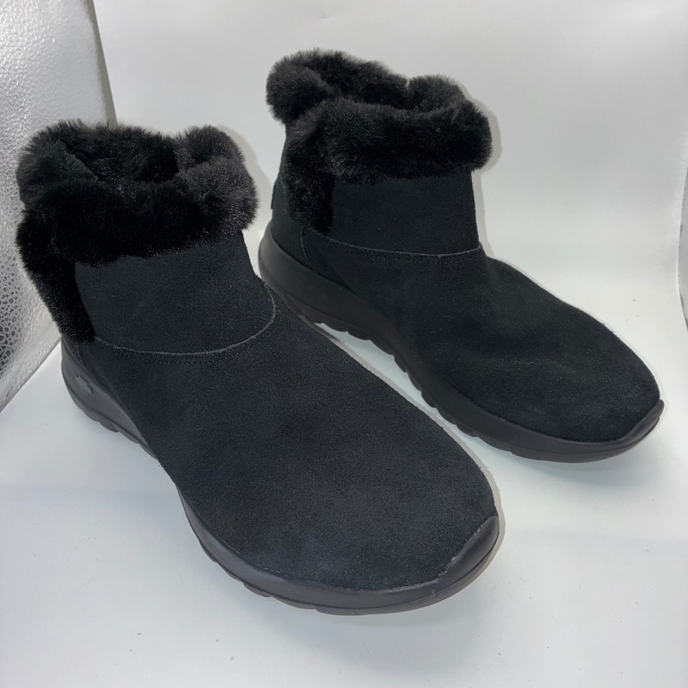 Skechers On The Go Joy Black Suede‎ Faux Fur Ankle Boots Goga Mat Womens 8